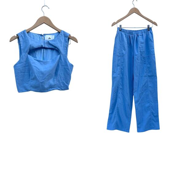 Yellow The Label Yllw Set Wide Leg Pants Crop Blue Vacation Co-Ord Medium Small - Picture 1 of 14